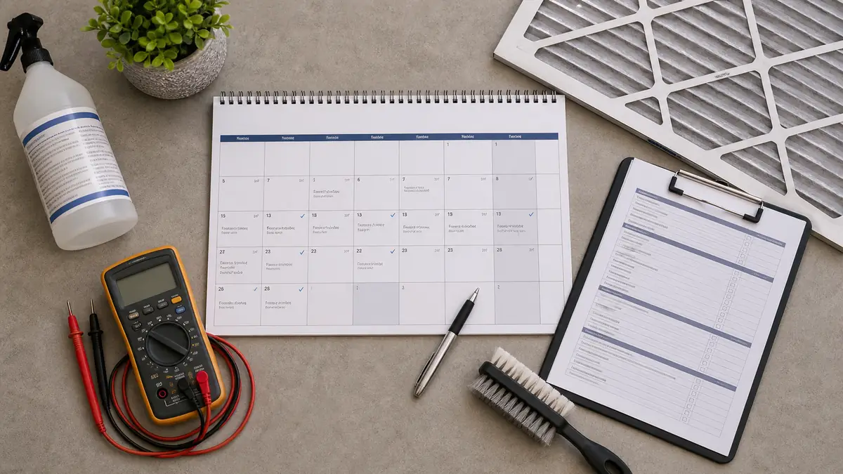 Illustration of a seasonal Mitsubishi maintenance calendar for a West Covina home