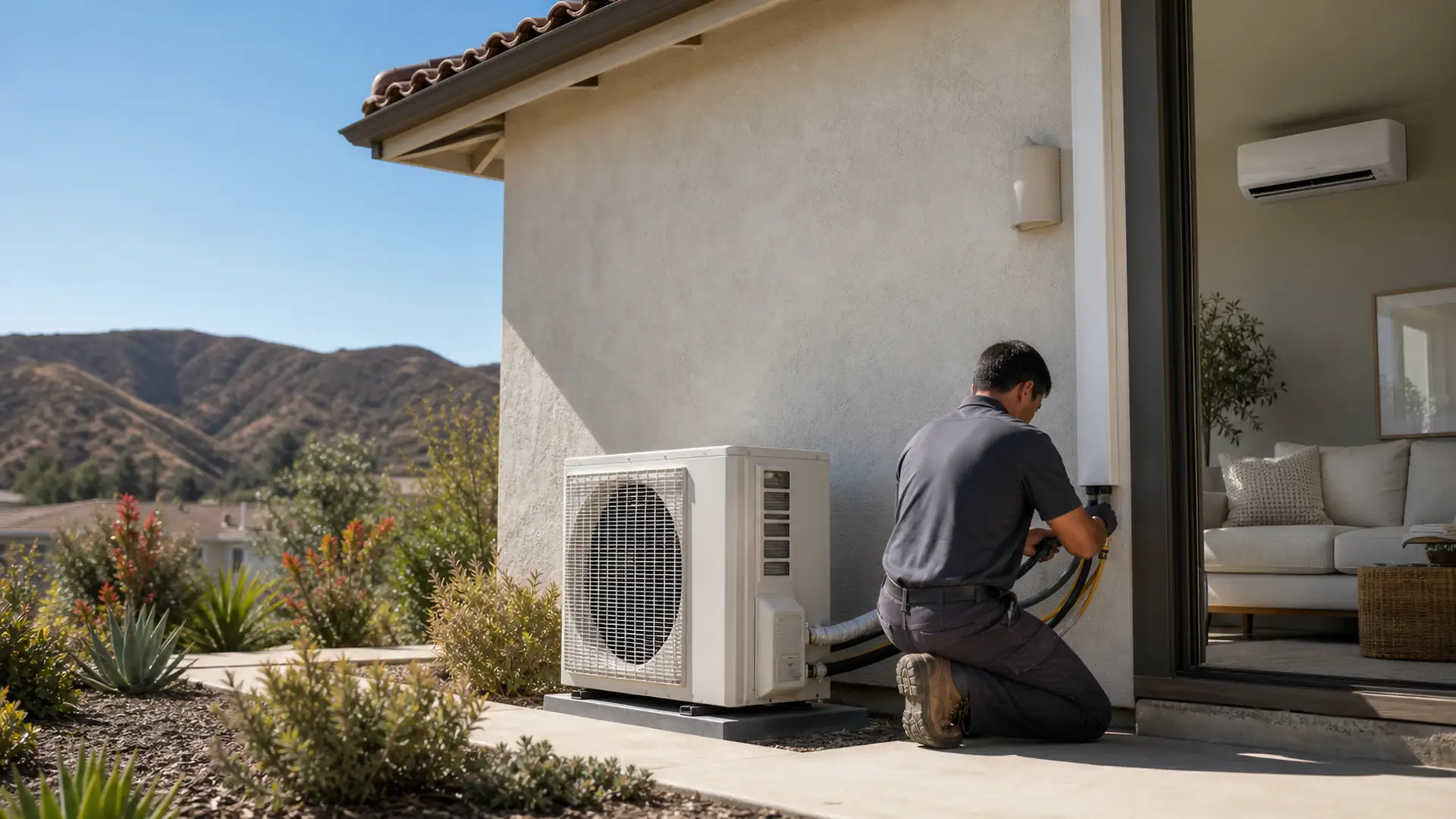 Illustration of a Mitsubishi Electric mini-split serving a West Covina home in Climate Zone 9 inland heat