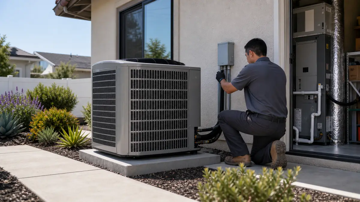 Illustration of a Mitsubishi heat pump being installed at a West Covina home